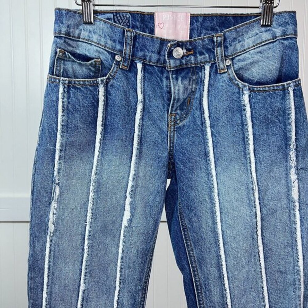 REVICE Denim Jeans Coquette Girlypop White Stripe Wide Leg Flare  Y2K Raw Hem
